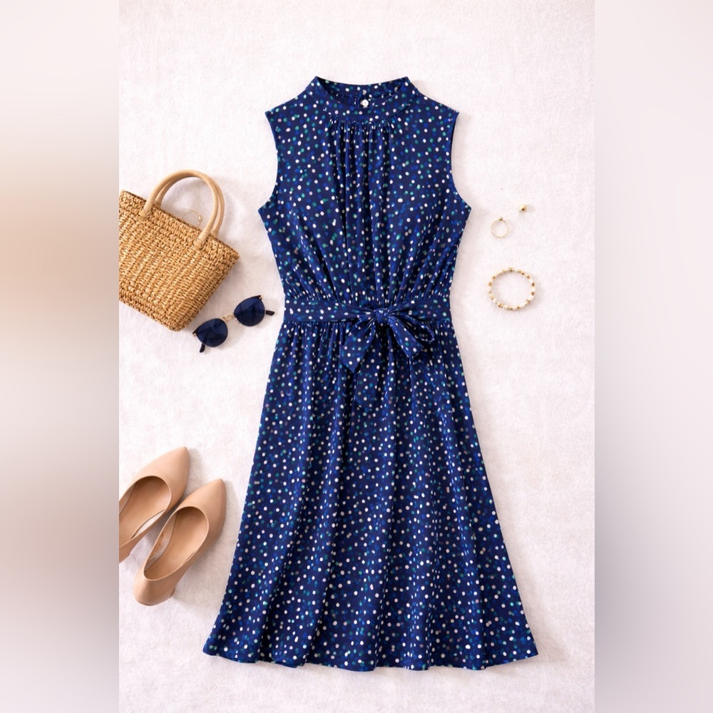 Leota Polka Dot Faux Wrap Midi Dress L Blue Stretch Flattering